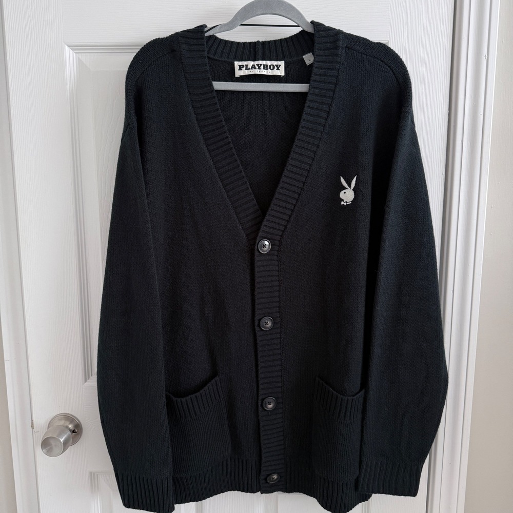 Playboy Cardigan Sweater Mens L Black Knit Embroidered Bunny Logo V-Neck NWOT